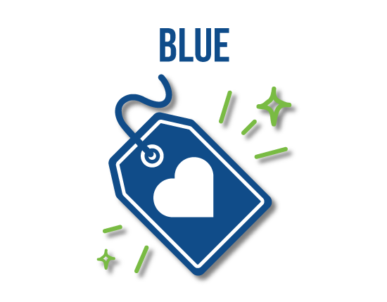 A blue tag with a heart on it.